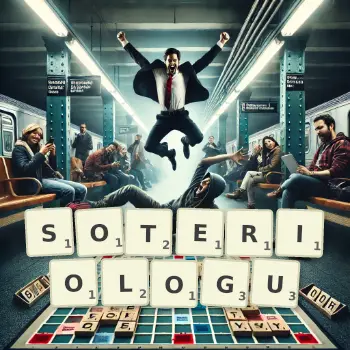 Kreatywna ilustracja do gry w Scrabble ze słowem SOTERIOLOGU ułożonym z płytek na planszy.