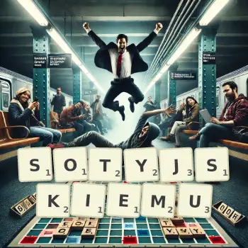 Kreatywna ilustracja do gry w Scrabble ze słowem SOTYJSKIEMU ułożonym z płytek na planszy.