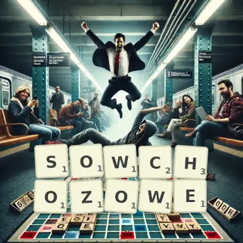 Kreatywna ilustracja do gry w Scrabble ze słowem SOWCHOZOWE ułożonym z płytek na planszy.