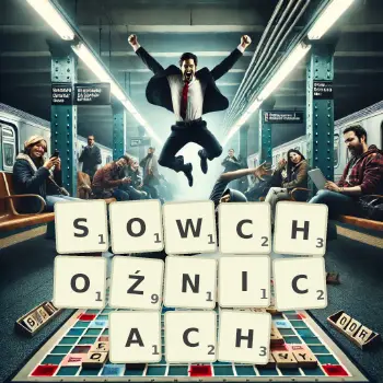 Kreatywna ilustracja do gry w Scrabble ze słowem SOWCHOŹNICACH ułożonym z płytek na planszy.