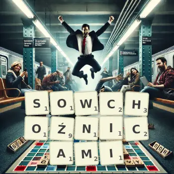 Kreatywna ilustracja do gry w Scrabble ze słowem SOWCHOŹNICAMI ułożonym z płytek na planszy.