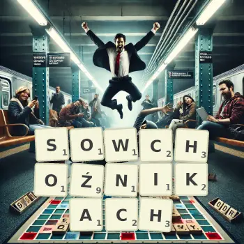 Kreatywna ilustracja do gry w Scrabble ze słowem SOWCHOŹNIKACH ułożonym z płytek na planszy.