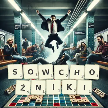 Kreatywna ilustracja do gry w Scrabble ze słowem SOWCHOŹNIKI ułożonym z płytek na planszy.