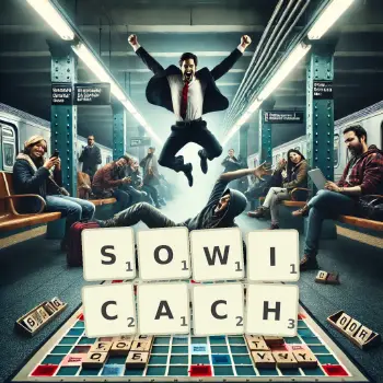 Kreatywna ilustracja do gry w Scrabble ze słowem SOWICACH ułożonym z płytek na planszy.