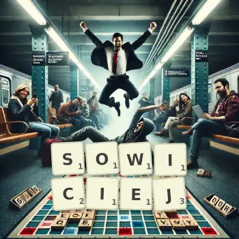 Kreatywna ilustracja do gry w Scrabble ze słowem SOWICIEJ ułożonym z płytek na planszy.