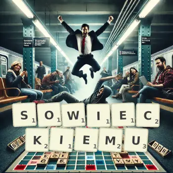 Kreatywna ilustracja do gry w Scrabble ze słowem SOWIECKIEMU ułożonym z płytek na planszy.