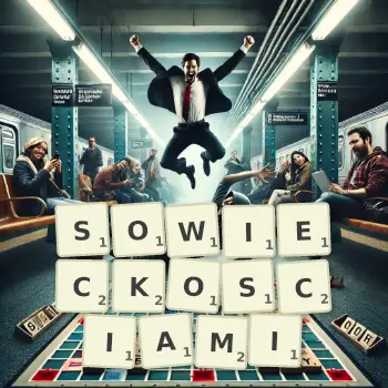 Kreatywna ilustracja do gry w Scrabble ze słowem SOWIECKOSCIAMI ułożonym z płytek na planszy.