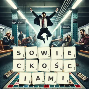 Kreatywna ilustracja do gry w Scrabble ze słowem SOWIECKOŚCIAMI ułożonym z płytek na planszy.
