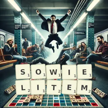 Kreatywna ilustracja do gry w Scrabble ze słowem SOWIELITEM ułożonym z płytek na planszy.