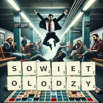 Kreatywna ilustracja do gry w Scrabble ze słowem SOWIETOLODZY ułożonym z płytek na planszy.