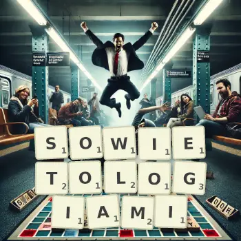 Kreatywna ilustracja do gry w Scrabble ze słowem SOWIETOLOGIAMI ułożonym z płytek na planszy.