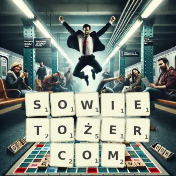 Kreatywna ilustracja do gry w Scrabble ze słowem SOWIETOŻERCOM ułożonym z płytek na planszy.