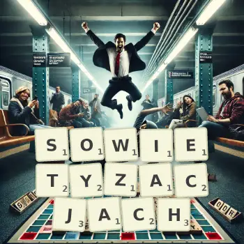 Kreatywna ilustracja do gry w Scrabble ze słowem SOWIETYZACJACH ułożonym z płytek na planszy.