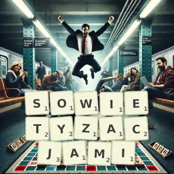 Kreatywna ilustracja do gry w Scrabble ze słowem SOWIETYZACJAMI ułożonym z płytek na planszy.