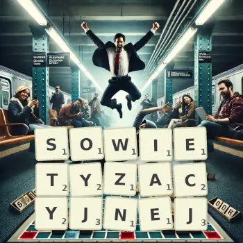 Kreatywna ilustracja do gry w Scrabble ze słowem SOWIETYZACYJNEJ ułożonym z płytek na planszy.