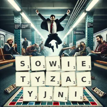 Kreatywna ilustracja do gry w Scrabble ze słowem SOWIETYZACYJNI ułożonym z płytek na planszy.