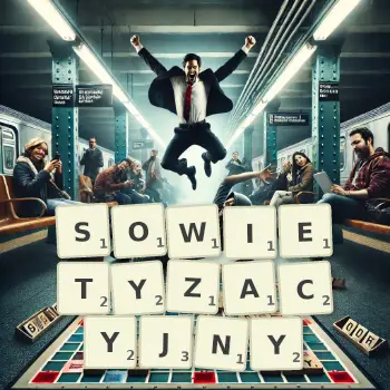 Kreatywna ilustracja do gry w Scrabble ze słowem SOWIETYZACYJNY ułożonym z płytek na planszy.