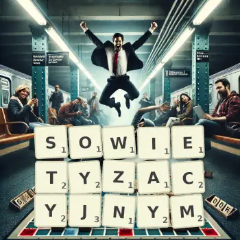 Kreatywna ilustracja do gry w Scrabble ze słowem SOWIETYZACYJNYM ułożonym z płytek na planszy.