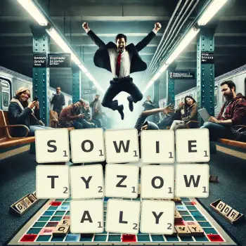 Kreatywna ilustracja do gry w Scrabble ze słowem SOWIETYZOWALY ułożonym z płytek na planszy.