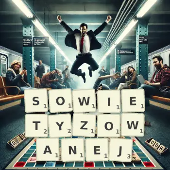 Kreatywna ilustracja do gry w Scrabble ze słowem SOWIETYZOWANEJ ułożonym z płytek na planszy.