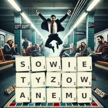 Kreatywna ilustracja do gry w Scrabble ze słowem SOWIETYZOWANEMU ułożonym z płytek na planszy.