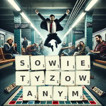 Kreatywna ilustracja do gry w Scrabble ze słowem SOWIETYZOWANYM ułożonym z płytek na planszy.