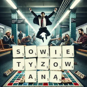 Kreatywna ilustracja do gry w Scrabble ze słowem SOWIETYZOWANĄ ułożonym z płytek na planszy.