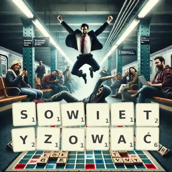 Kreatywna ilustracja do gry w Scrabble ze słowem SOWIETYZOWAĆ ułożonym z płytek na planszy.