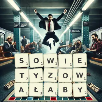 Kreatywna ilustracja do gry w Scrabble ze słowem SOWIETYZOWAŁABY ułożonym z płytek na planszy.