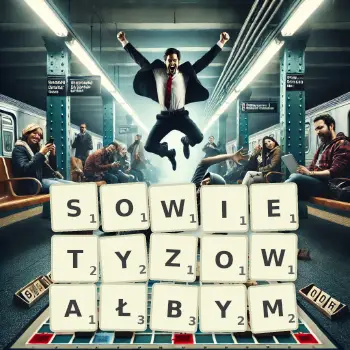 Kreatywna ilustracja do gry w Scrabble ze słowem SOWIETYZOWAŁBYM ułożonym z płytek na planszy.