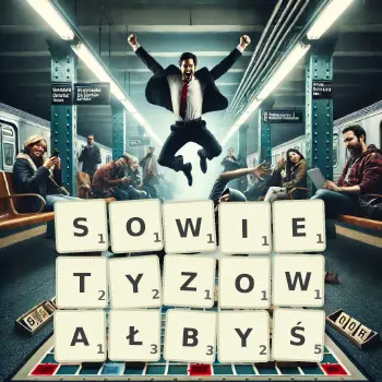 Kreatywna ilustracja do gry w Scrabble ze słowem SOWIETYZOWAŁBYŚ ułożonym z płytek na planszy.