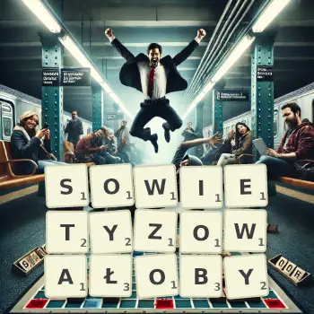 Kreatywna ilustracja do gry w Scrabble ze słowem SOWIETYZOWAŁOBY ułożonym z płytek na planszy.