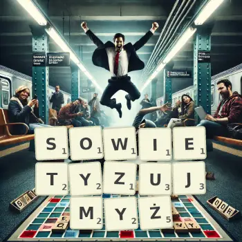 Kreatywna ilustracja do gry w Scrabble ze słowem SOWIETYZUJMYŻ ułożonym z płytek na planszy.