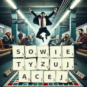 Kreatywna ilustracja do gry w Scrabble ze słowem SOWIETYZUJĄCEJ ułożonym z płytek na planszy.