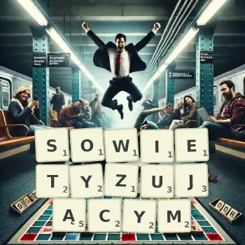 Kreatywna ilustracja do gry w Scrabble ze słowem SOWIETYZUJĄCYM ułożonym z płytek na planszy.