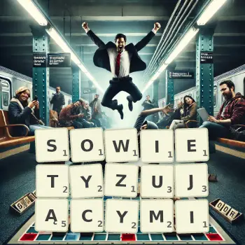 Kreatywna ilustracja do gry w Scrabble ze słowem SOWIETYZUJĄCYMI ułożonym z płytek na planszy.
