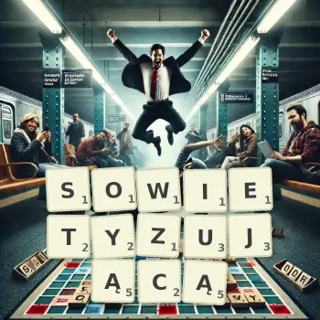 Kreatywna ilustracja do gry w Scrabble ze słowem SOWIETYZUJĄCĄ ułożonym z płytek na planszy.