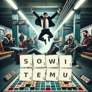 Kreatywna ilustracja do gry w Scrabble ze słowem SOWITEMU ułożonym z płytek na planszy.