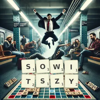 Kreatywna ilustracja do gry w Scrabble ze słowem SOWITSZY ułożonym z płytek na planszy.