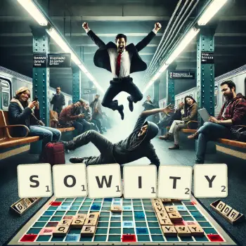 Kreatywna ilustracja do gry w Scrabble ze słowem SOWITY ułożonym z płytek na planszy.