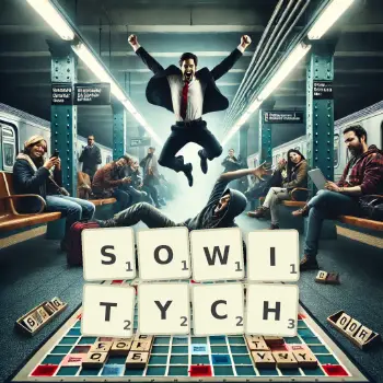 Kreatywna ilustracja do gry w Scrabble ze słowem SOWITYCH ułożonym z płytek na planszy.