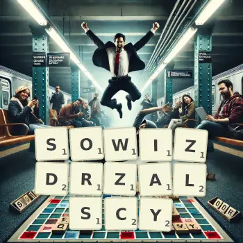 Kreatywna ilustracja do gry w Scrabble ze słowem SOWIZDRZALSCY ułożonym z płytek na planszy.