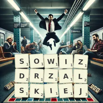 Kreatywna ilustracja do gry w Scrabble ze słowem SOWIZDRZALSKIEJ ułożonym z płytek na planszy.