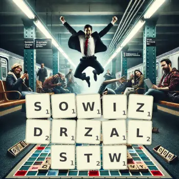 Kreatywna ilustracja do gry w Scrabble ze słowem SOWIZDRZALSTW ułożonym z płytek na planszy.