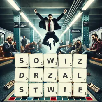 Kreatywna ilustracja do gry w Scrabble ze słowem SOWIZDRZALSTWIE ułożonym z płytek na planszy.