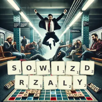 Kreatywna ilustracja do gry w Scrabble ze słowem SOWIZDRZALY ułożonym z płytek na planszy.
