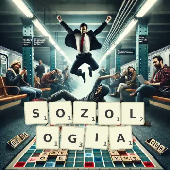 Kreatywna ilustracja do gry w Scrabble ze słowem SOZOLOGIA ułożonym z płytek na planszy.