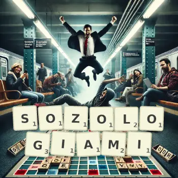 Kreatywna ilustracja do gry w Scrabble ze słowem SOZOLOGIAMI ułożonym z płytek na planszy.