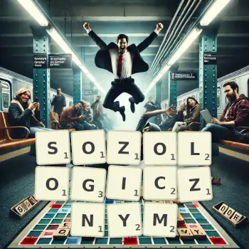 Kreatywna ilustracja do gry w Scrabble ze słowem SOZOLOGICZNYM ułożonym z płytek na planszy.