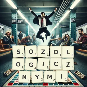 Kreatywna ilustracja do gry w Scrabble ze słowem SOZOLOGICZNYMI ułożonym z płytek na planszy.